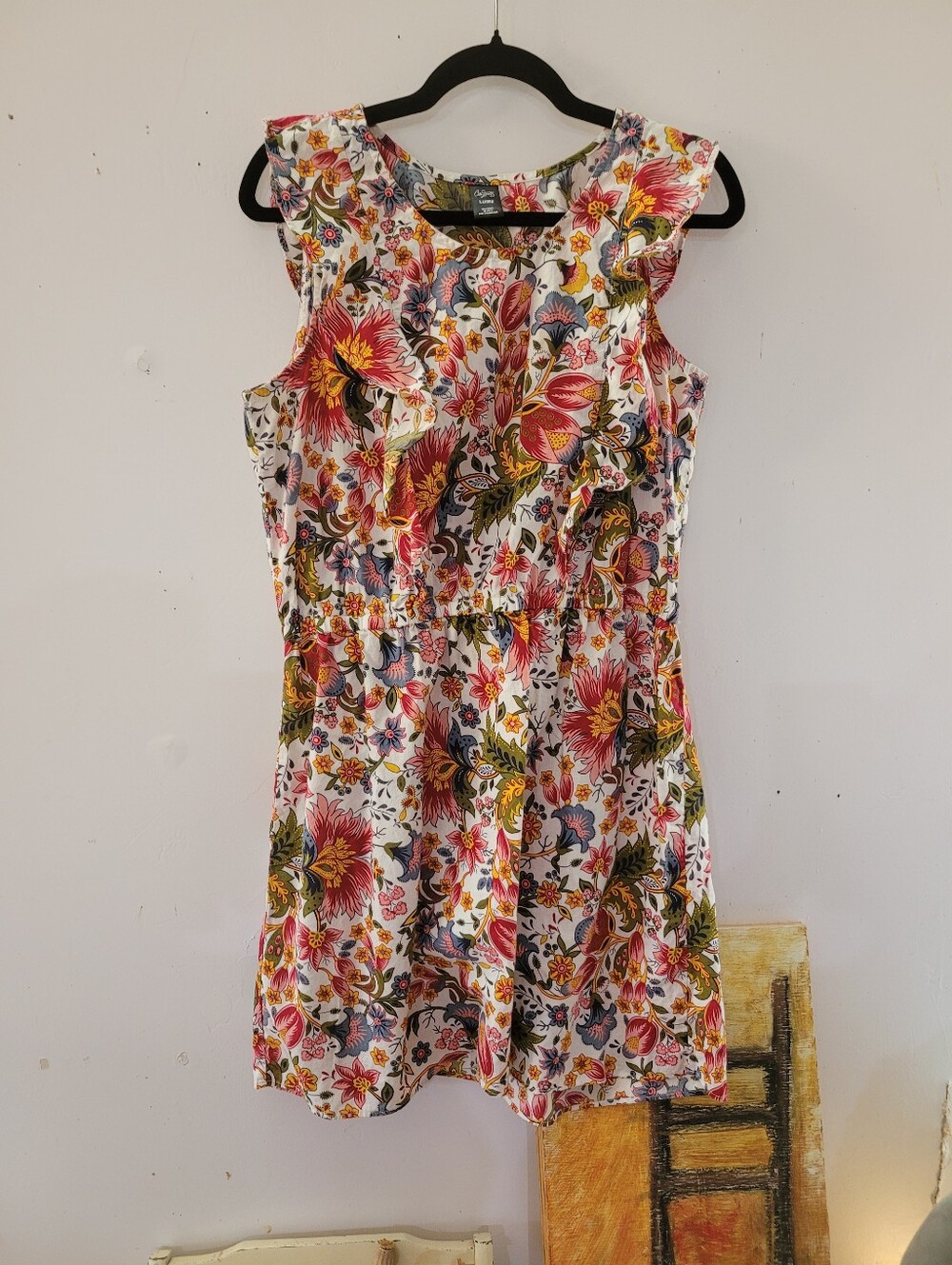 City Streets XL Floral Ruffle Dress - White with Pink, Yellow & Green